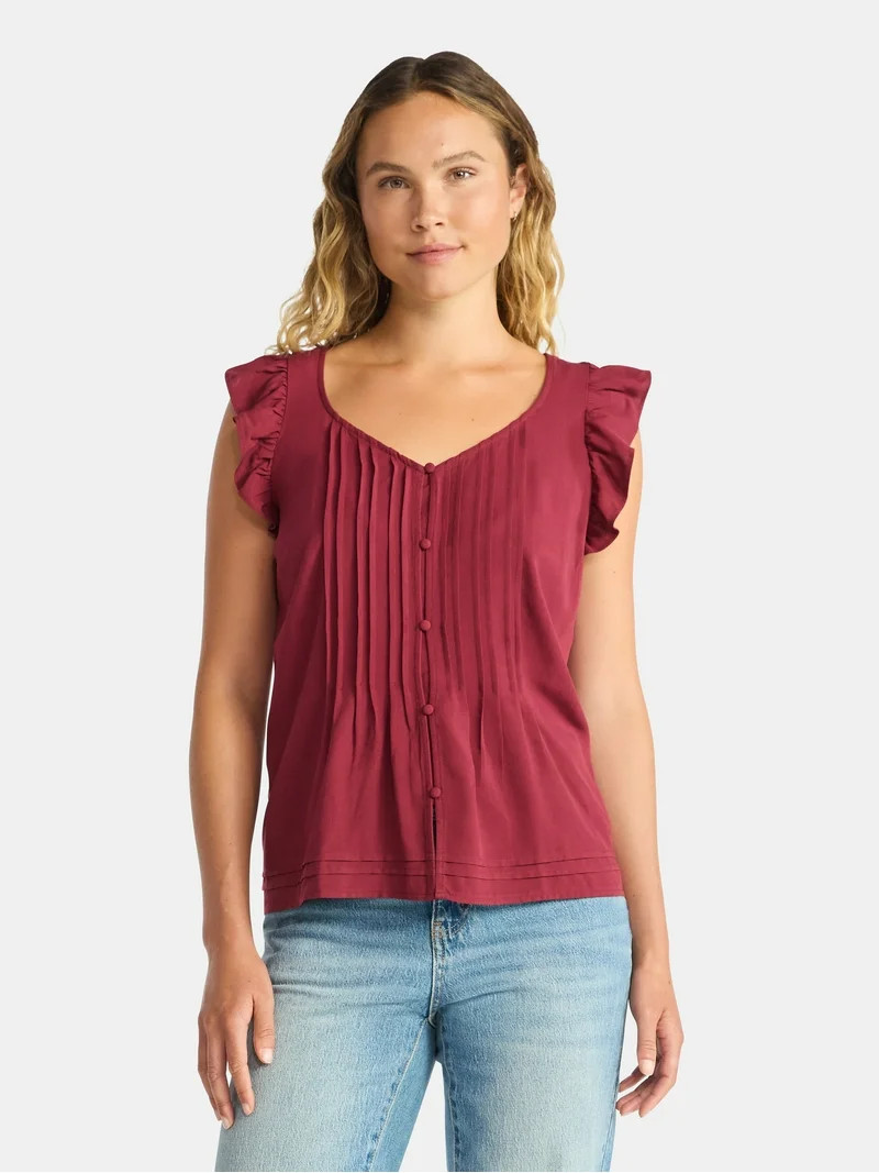 Time and Tru Women's Pintuck Sweetheart Top with Flutter Sleeves, Sizes XS-XXXL | Walmart (US)