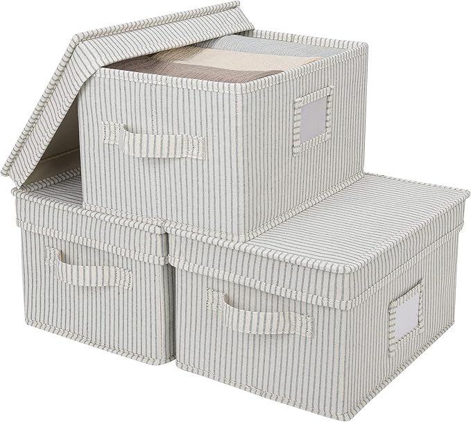 StorageWorks Storage Bins For Shelves With Lids And Handles, Canvas Storage Basket, Gray/White St... | Amazon (US)