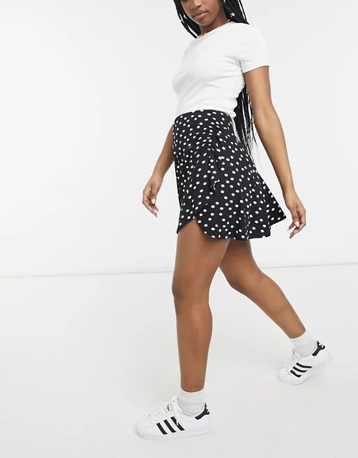 ASOS DESIGN mini skirt with ruched detail in mono polka dot | ASOS (Global)