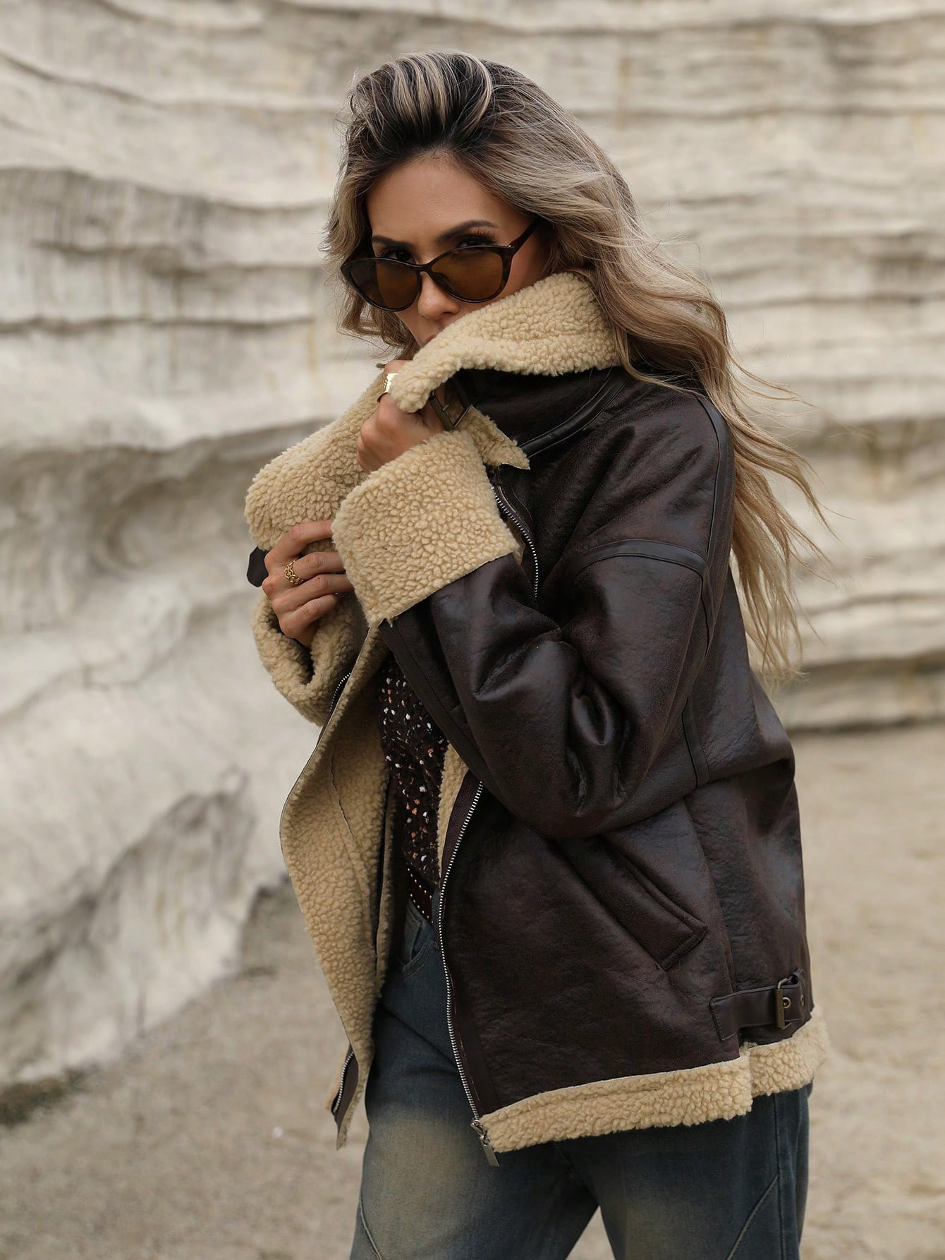 TrendsSHEIN Essnce New Loose Fit Faux Leather Shearling Moto Jacket For Women | SHEIN