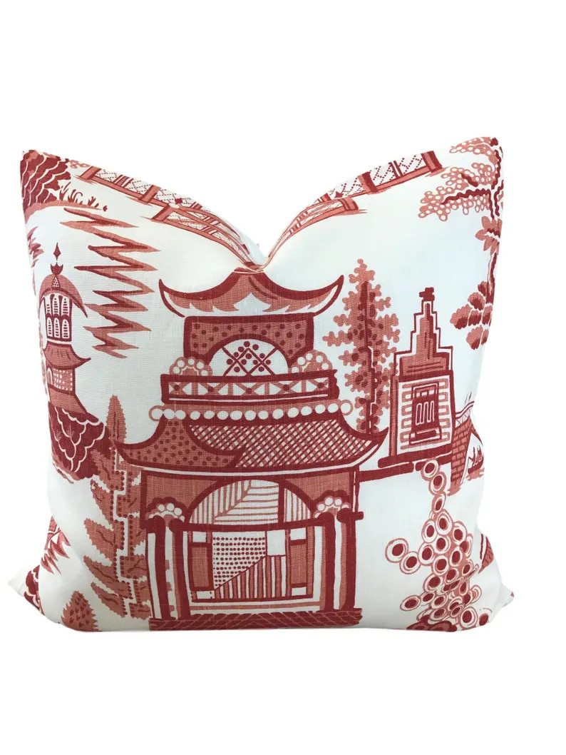 Red White Pillow  Schumacher Nanjing Coral  Chinoiserie | Etsy | Etsy (US)