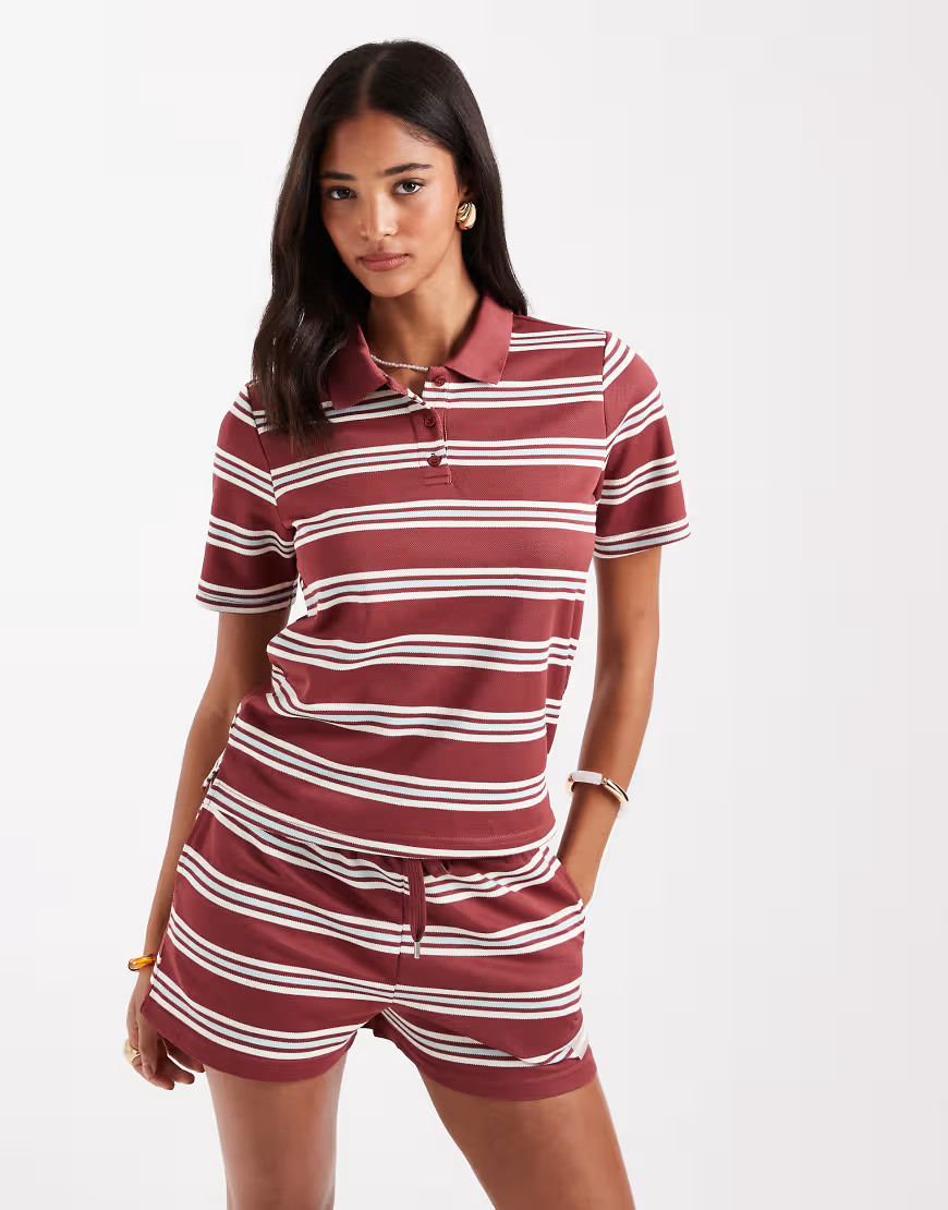 ONLY textured polo co-ord in burgundy with white stripe | ASOS (Global)