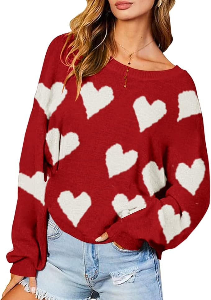 Chang Yun Womens Heart Print Pullover Sweaters Cute Knitted Long Batwing Sleeves Backless Loose W... | Amazon (US)