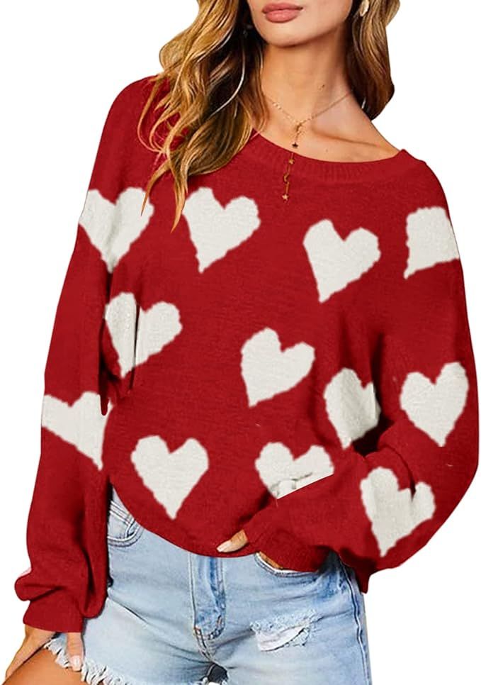 Chang Yun Womens Heart Print Pullover Sweaters Cute Knitted Long Batwing Sleeves Backless Loose W... | Amazon (US)