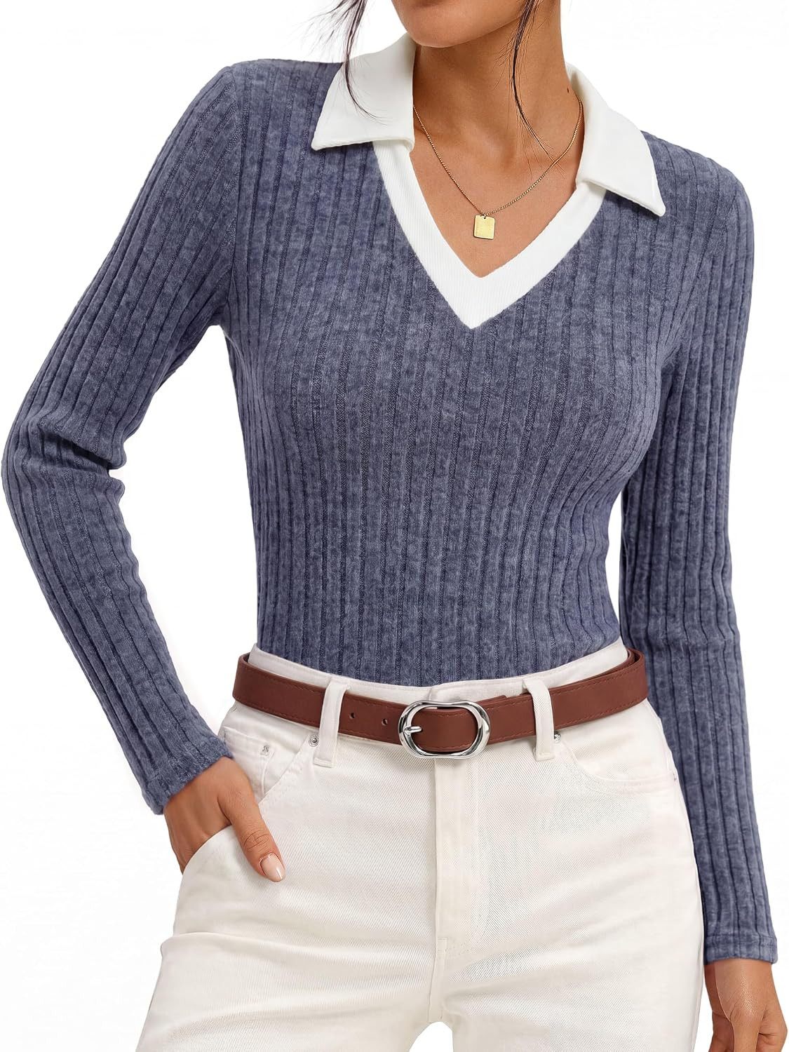 GRACE KARIN 2026 Women's Long Sleeve Polo Shirts V Neck Collared Ribbed Knit Slim Fit Business Casual Work Office Tops | Amazon (US)