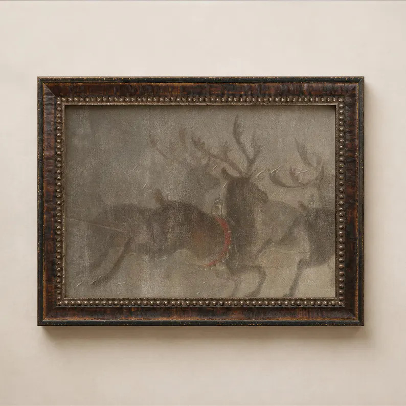 Reindeer at Dusk Framed Wall Art, Vintage Winter Reindeer Print, Rustic Christmas Decor, Moody Lo... | Etsy (Global)