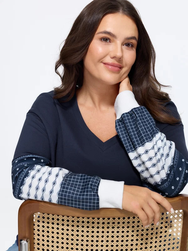 Cotton V Neck Patchwork Long Sleeve Sweatshirt | Bloomchic