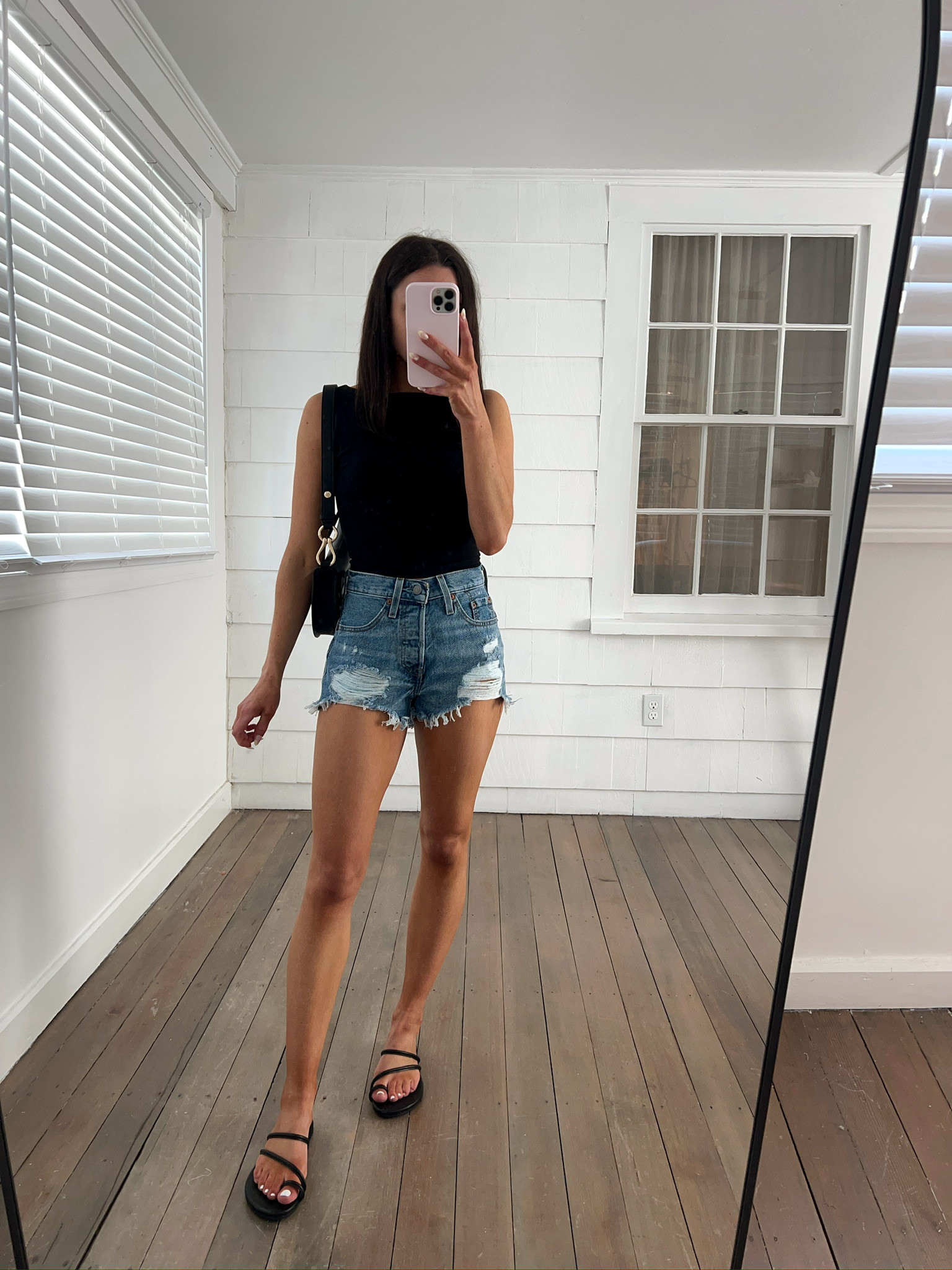 Summer outfit - top in XS, shorts in 25, sandals true to size! Levi's/basic tee shirt/shorts/strappy sandals/shoulder bag 

 

#LTKSeasonal #LTKPetite #LTKFindsUnder50