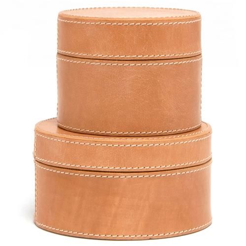 Pigeon and Poodle Leon Rustic Aged Camel Leather Round Decorative Boxes - Set of 2 | Kathy Kuo Home