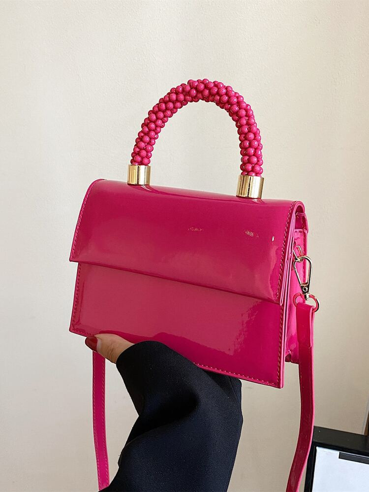 Quadratische Tasche mit Mini Neonpink Perle Dekor, Klappe | SHEIN