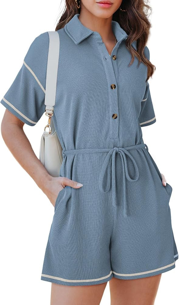 Dokotoo Womens 2025 Summer Casual Button Up Short Sleeve Drawstring Waist Shorts Jumpsuits Stripe... | Amazon (US)