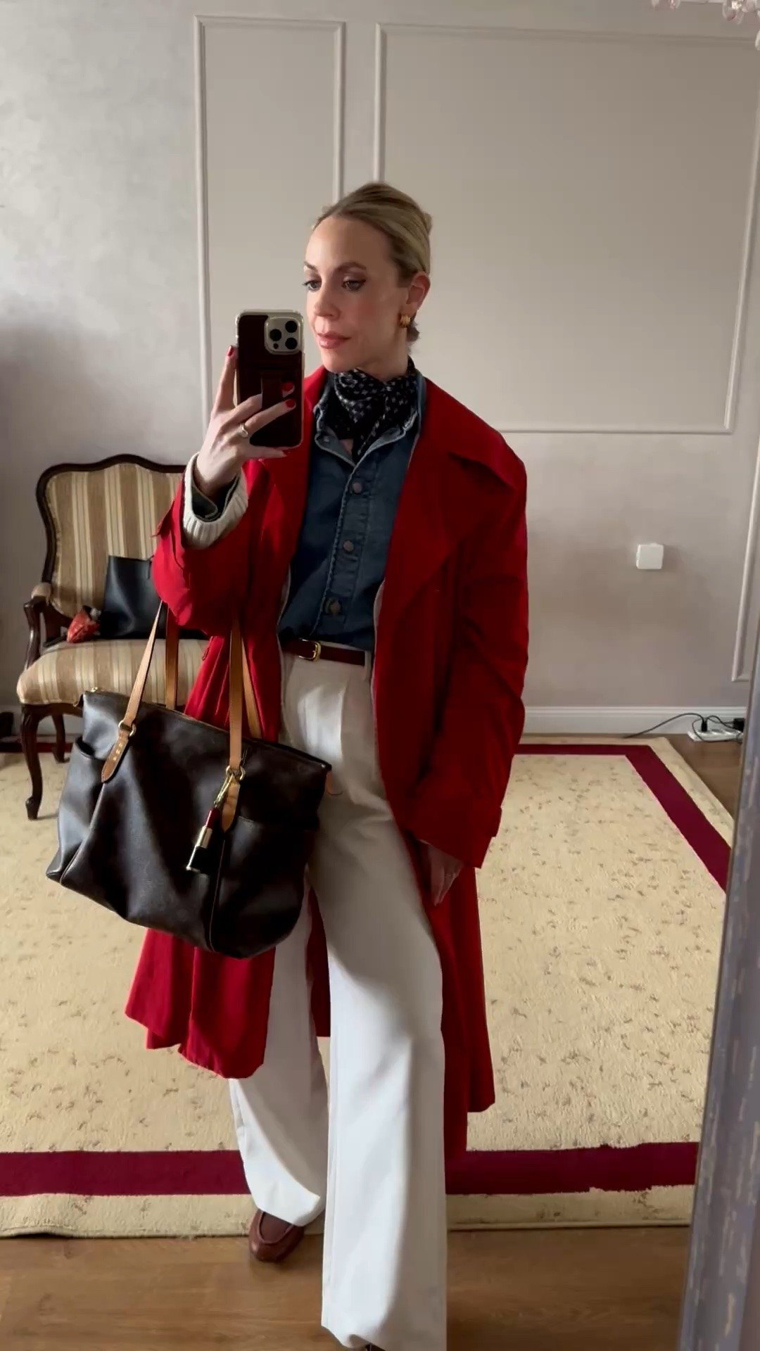 Work outfit, business casual, red trench coat, denim shirt, silk scarf, @abercrombie trousers, @Zara leather loafers, style over 40

#LTKWorkwear #LTKOver40 #LTKSeasonal