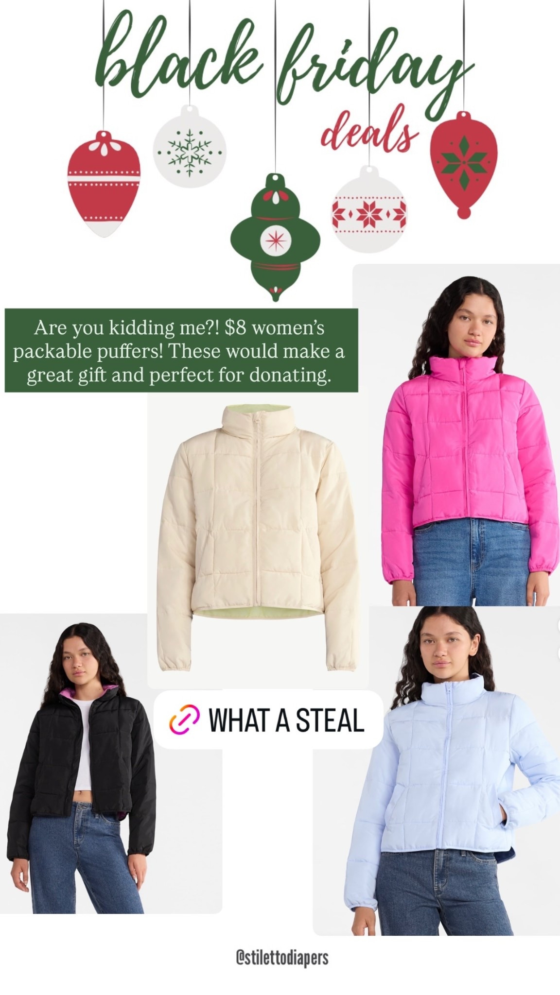 Are you kidding me?! $8 women’s packable puffers! These would make a great gift and perfect for donating.