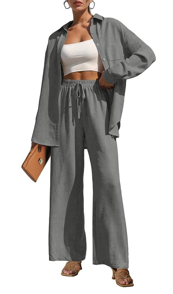 Lepunuo 2 Piece Outfits for Women Casual Lounge Sets Long Sleeve Button Down Shirts and Wide Leg ... | Amazon (US)
