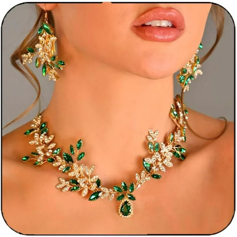 Bridal Wedding Jewelry Set Gold Green Crystal Necklace Earrings Sets Rhinestone Formal Costume Mo... | Walmart (US)