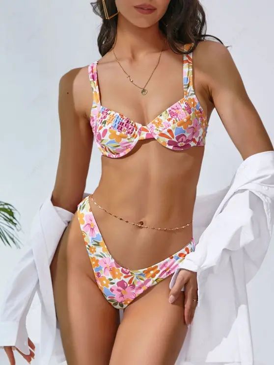 ZAFUL Flower Print Smocked Underwire Bikini Swimwear   MULTI-A | ZAFUL (Global)
