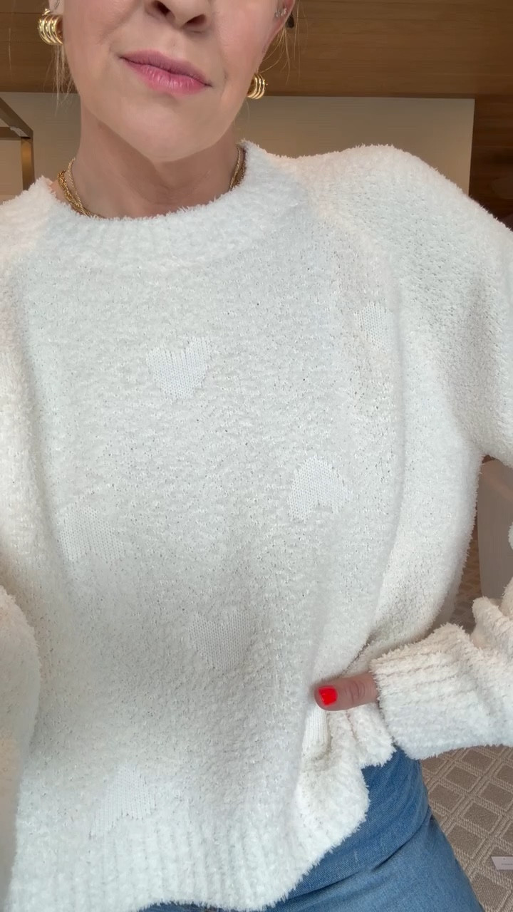 This feels like barefoot dreams and will be so cute for Valentine’s Day! Size L in the sweatshirt and 2 in the jeans. Linked the matching pants to the sweater also!

#LTKootd #LTKFindsUnder100 #LTKFindsUnder50