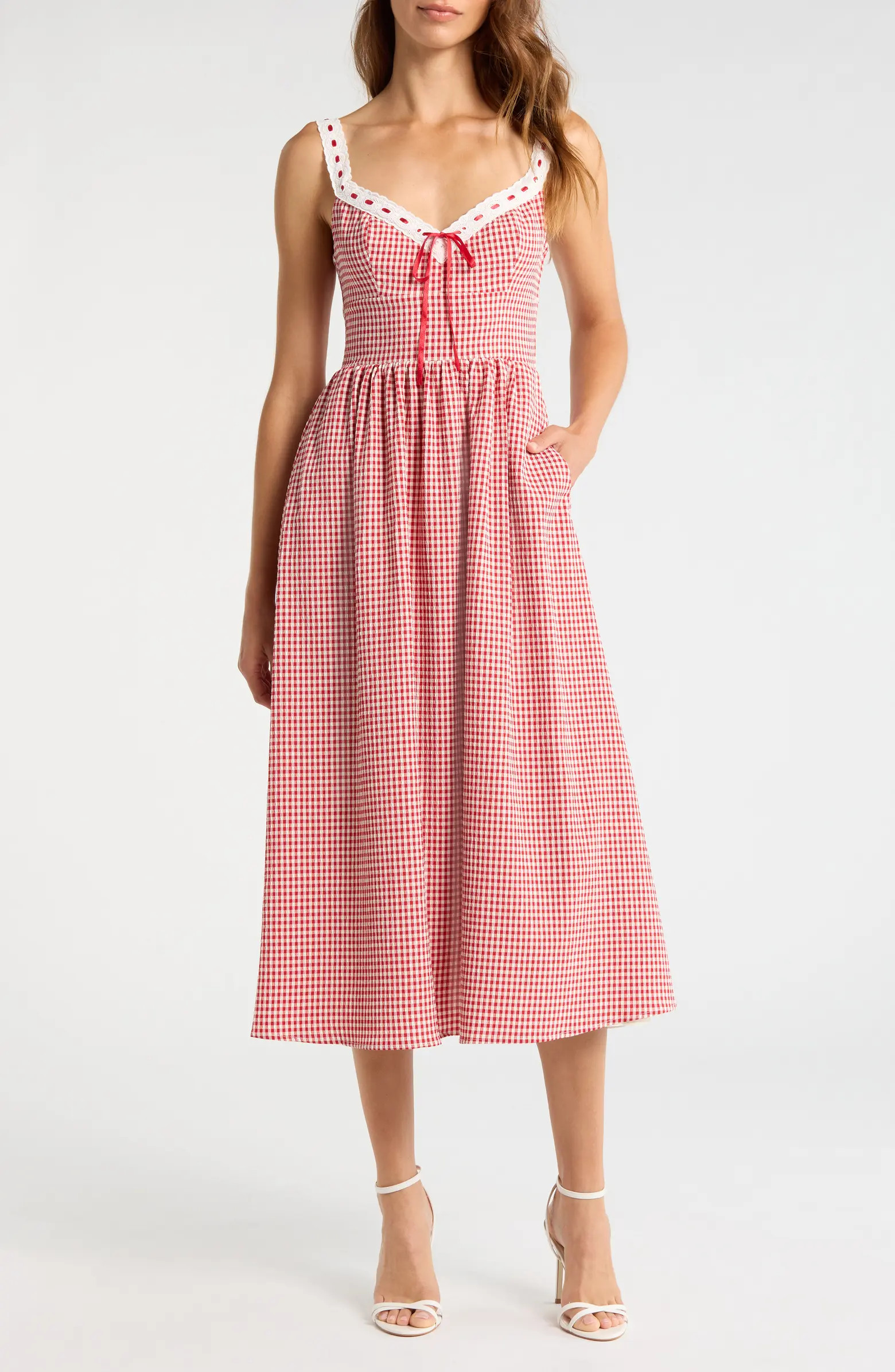 Lilibet Gingham Lace Trim Midi Dress | Nordstrom