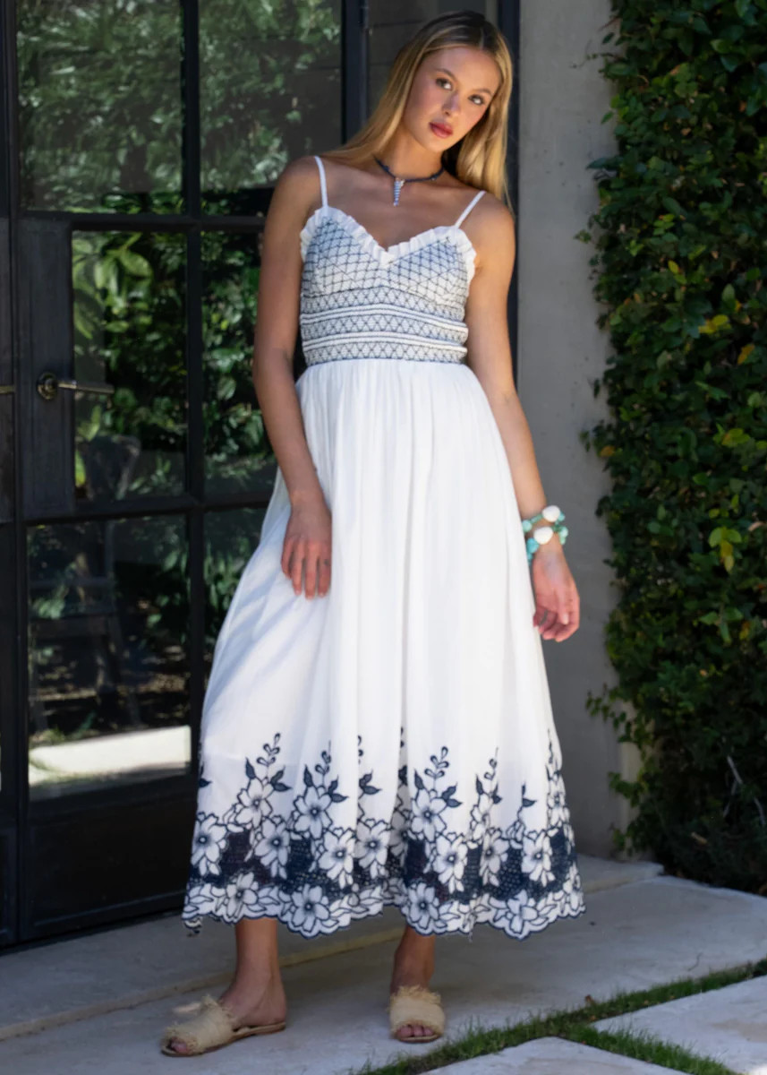 Samira Smocked Bodice Floral Embroidery Midi Dress - Navy | Benaar La