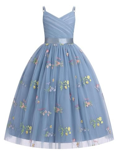 OBEEII Flower Girl Dress for Wedding Pleated V Neck Satin Back Floral Embroidery Tulle Princess Dress Junior Birthday Pageant Formal Ball Prom Gown Communion Dance Dresses Grey Blue-floral 11-12 Years | Amazon (US)