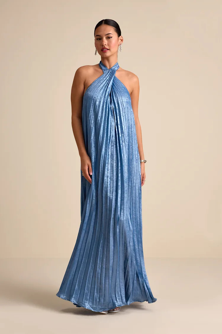 Gelsey Dusty Blue Pleated Halter Shift Maxi Dress | Lulus