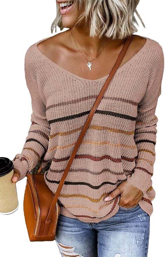 Dokotoo Womens 2023 Cute Summer Fall Color Block Striped Lightweight Comfy Cable Knit Beach Pullo... | Amazon (US)