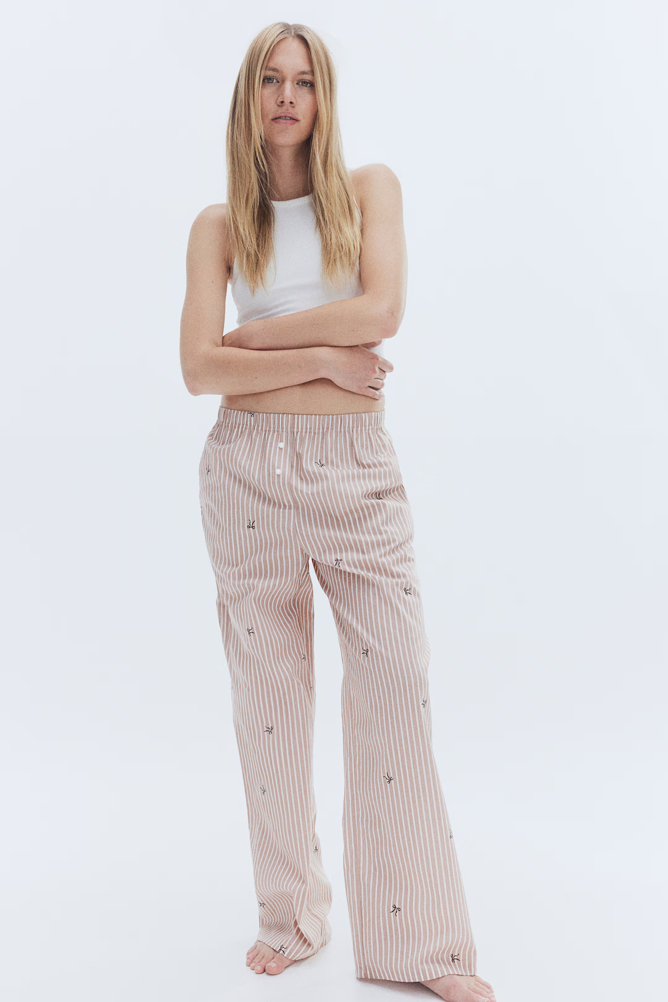 Cotton pyjama bottoms - Low waist - Long - Light dusty pink/Bows - Ladies | H&M GB | H&M (UK, MY, IN, SG, PH, TW, HK)