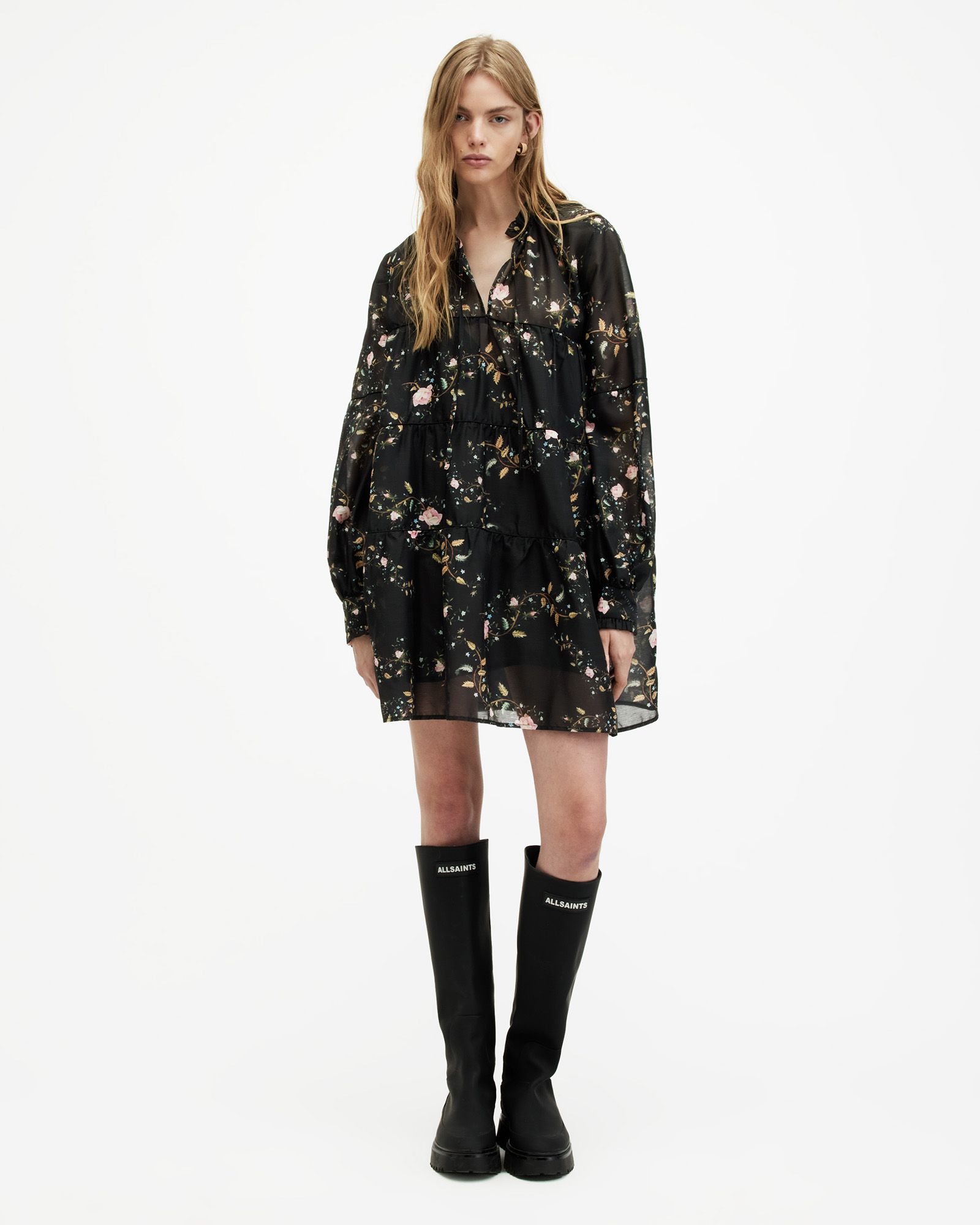 Mindy Oversized Oto Floral Mini Dress Black | ALLSAINTS US | AllSaints US