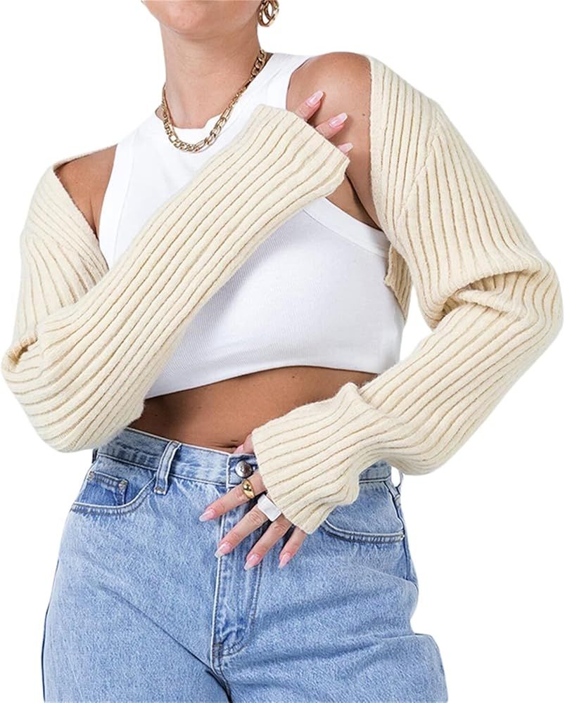 Women Y2K Crochet Shrug Sweater Knit Long Sleeve Crop Tops Bolero Cardigan Cover Ups Contrast Col... | Amazon (US)