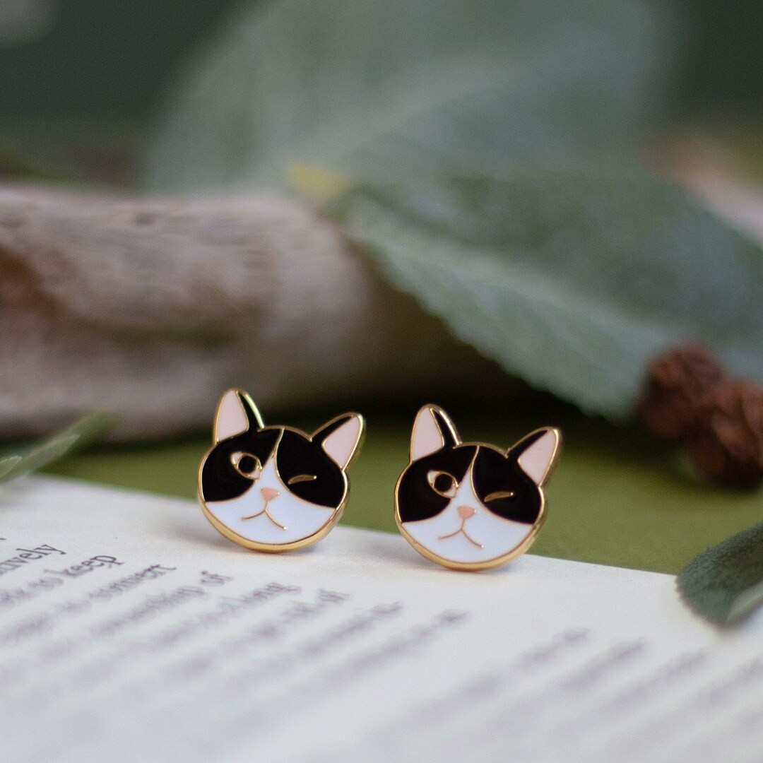 Tuxedo Cat Winking Enamel Stud Earrings Brass 24K Gold Plated Steel Stud Cat Earrings Fun Cat Gif... | Etsy (US)