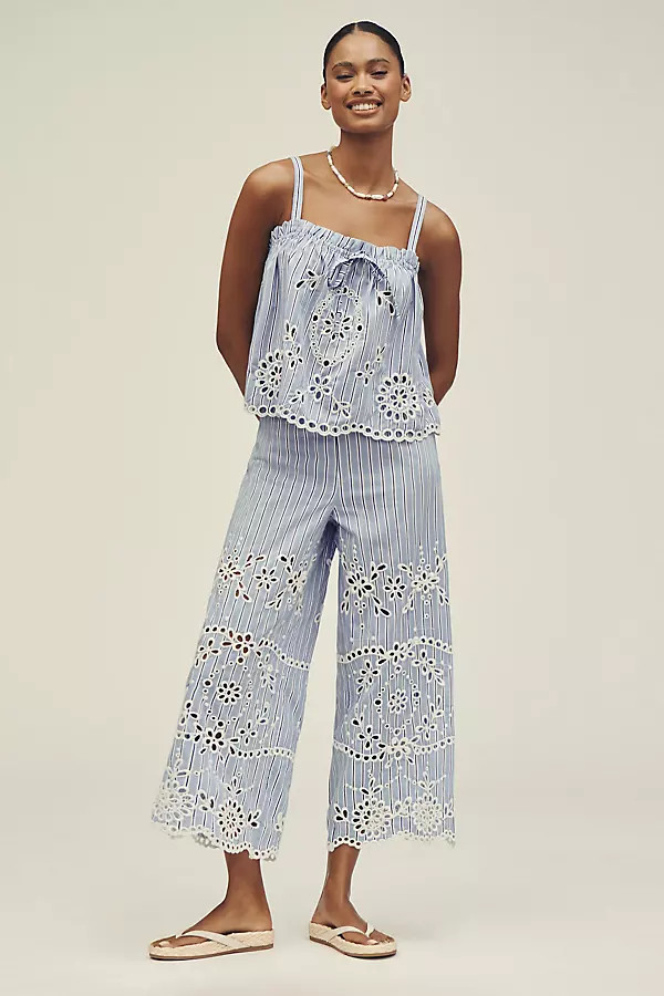 Maeve Eyelet-Stripe Wide-Leg Trousers | Anthropologie (UK)