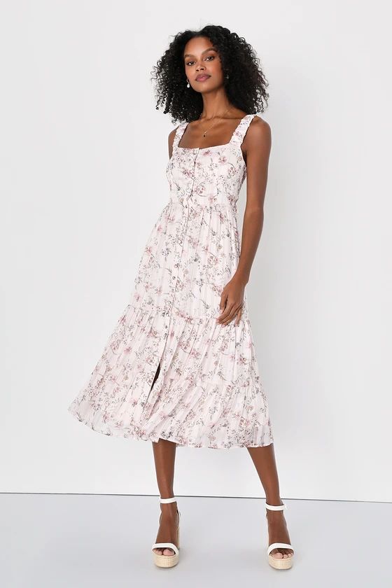 Dreamy Weekend Pink Floral Burnout Striped Lurex Midi Dress | Lulus (US)