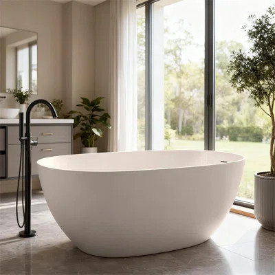 CASAINC 61" Freestanding Bathtub Resin Stone Soaking Bathtub Solid Surface Modern Tubs with Overflow and Pop-up Drain | Wayfair North America