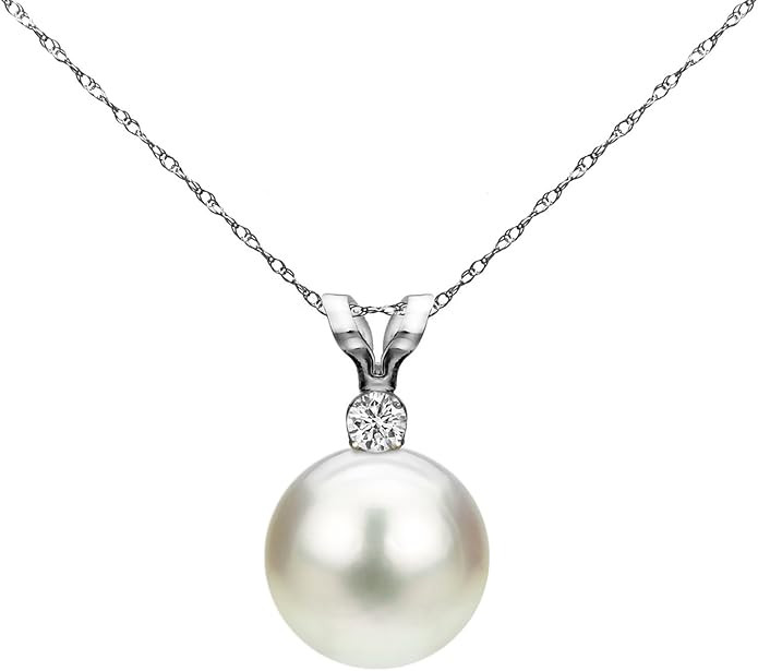 White Saltwater Cultured Japanese Akoya Pearl Diamond Pendant Necklace 14K Gold 7-7.5mm (G-H, SI1... | Amazon (US)