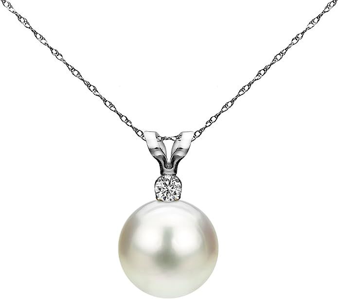 White Saltwater Cultured Japanese Akoya Pearl Diamond Pendant Necklace 14K Gold 7-7.5mm (G-H, SI1... | Amazon (US)