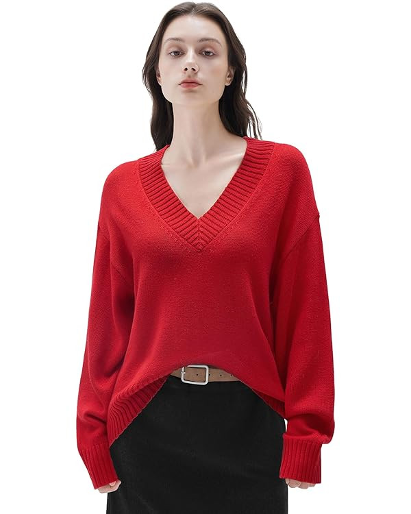 SUUKSESS Women Cashmere Blend Oversized V Neck Long Sleeve Pullover Sweaters | Amazon (US)