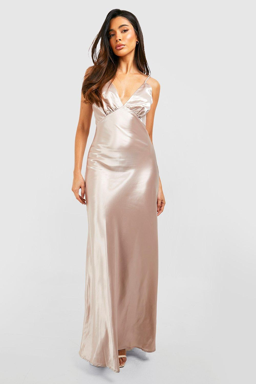 Womens Bridesmaid Satin Plunge Detail Slip Dress - Beige - 16 | Boohoo.com (US & CA)