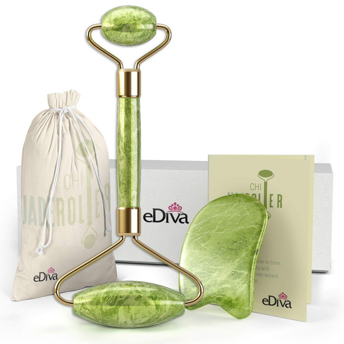 Click for more info about eDiva Natural Jade Roller - Gua Sha - Lymphatic Drainage Tool for Face, Neck, Body - Anti Aging T...