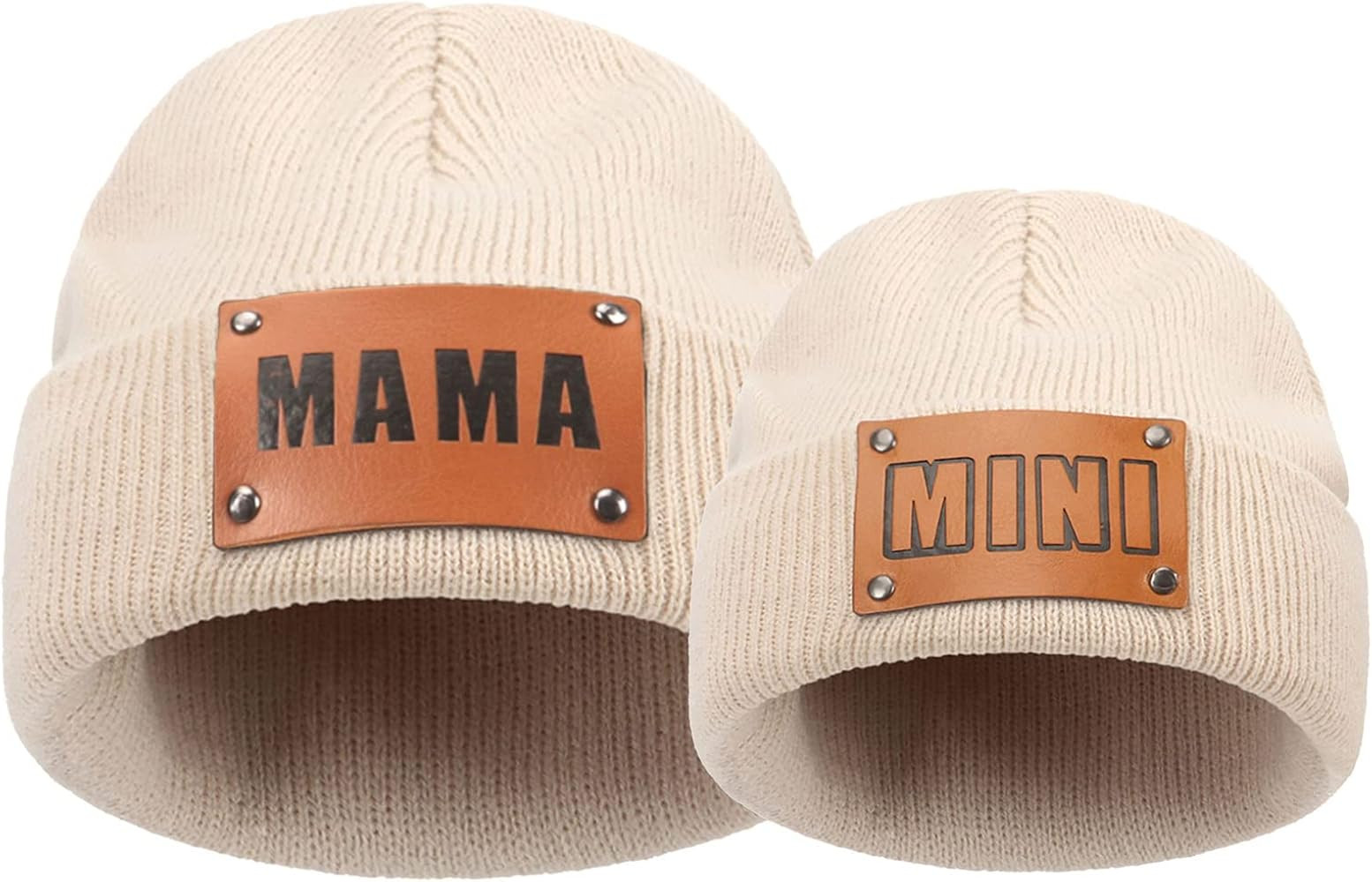 2PCS Parent-Child Beanie Hat Mama and MINI Leather Patch Knitted Hat Winter Warm Cuffed Ski Cap | Amazon (US)