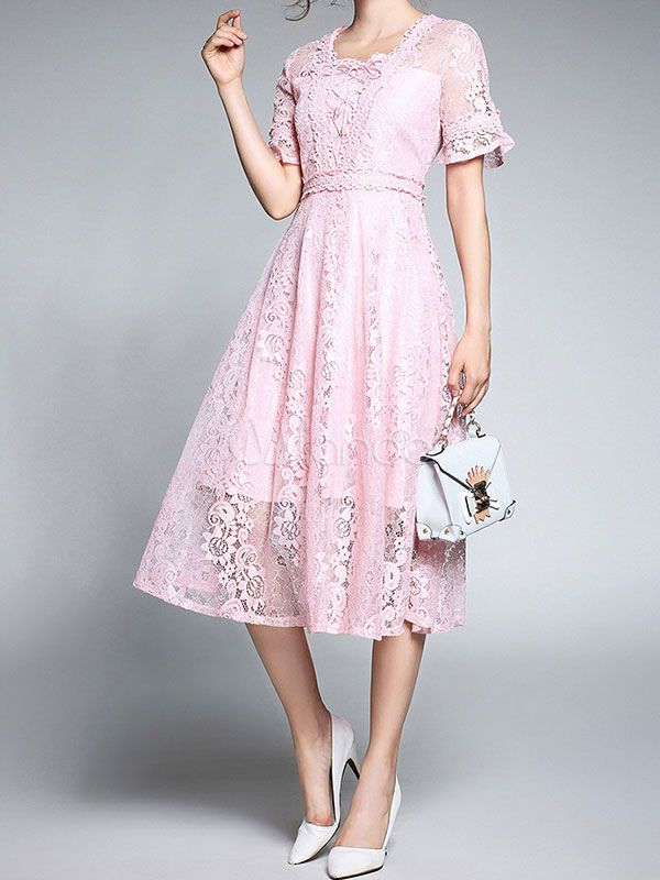 Pink Lace Dress Short Sleeve Square Neck Semi Sheer A Line Midi Dresses For Women | Milanoo