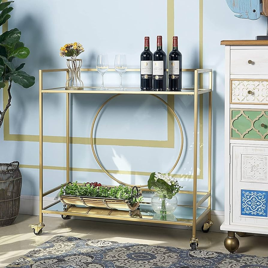 EonBon Gold Mirror Rolling Serving Bar Cart on Lockable Wheels, Wine Drink Liquor Cart Stand for ... | Amazon (US)