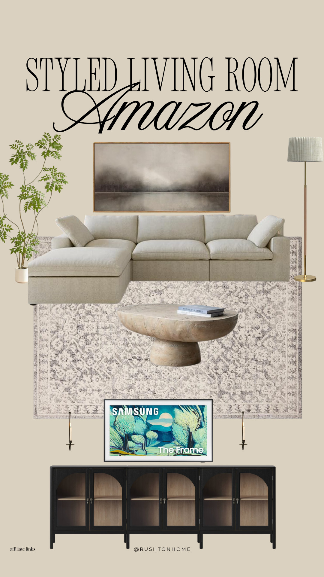 Styled living room, amazon living room decor, neutral living room design, beige sectional sofa, organic modern living room, neutral area rug, vintage style rug living room, wood coffee table modern, round stone coffee table, samsung frame tv decor, black media console cabinet, modern wall sconces, large neutral wall art, cozy living room aesthetic, warm neutral home decor, earthy living room tones, minimalist living room styling, amazon furniture finds, affordable living room decor, layered neutral living room 

 #LTKHome