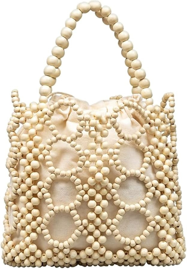 YYW Unique Handmade Wooden Bead Tote Bag for Women, Small Handwoven Clutch Purses Woven Bucket Ha... | Amazon (US)