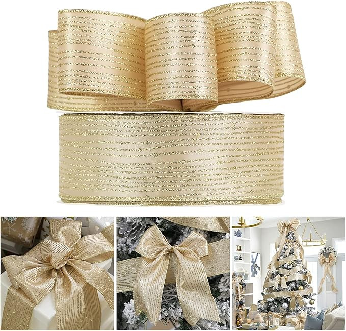 AIMUDI Gold Christmas Ribbon 2.5" Champagne Wired Ribbon Christmas Ribbon Wired Gold Glitter Ribb... | Amazon (US)