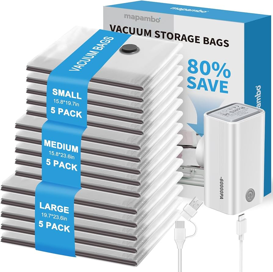 Mapambo Vacuum Storage Bags with -60000Pa USB Pump, 15 Pack Vacuum Seal Bags for Clothing Travel ... | Amazon (US)