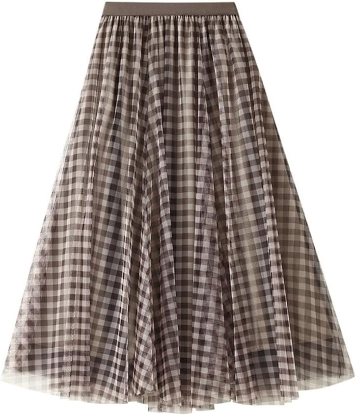 Tulle Plaid Midi Skirts for Women Trendy High Waisted A Line Pleated Layered Skirt | Amazon (US)