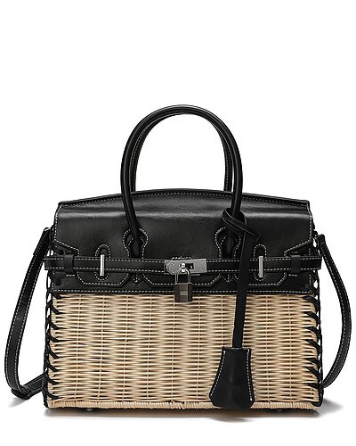 Smooth Leather & Straw Top Handle Satchel | Gilt & Gilt City