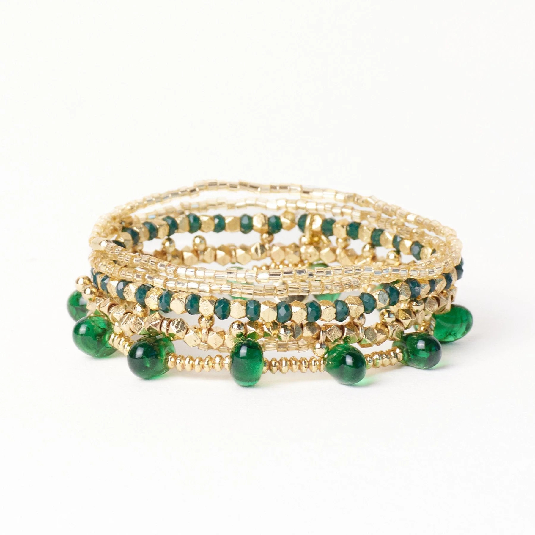 Ella Bracelet Stack of 6 Green + Gold | INK+ALLOY