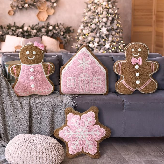 4 Pcs Christmas Throw Pillows Plush Gingerbread Men Gingerbread House Snowflake Shaped Pillow for... | Amazon (US)