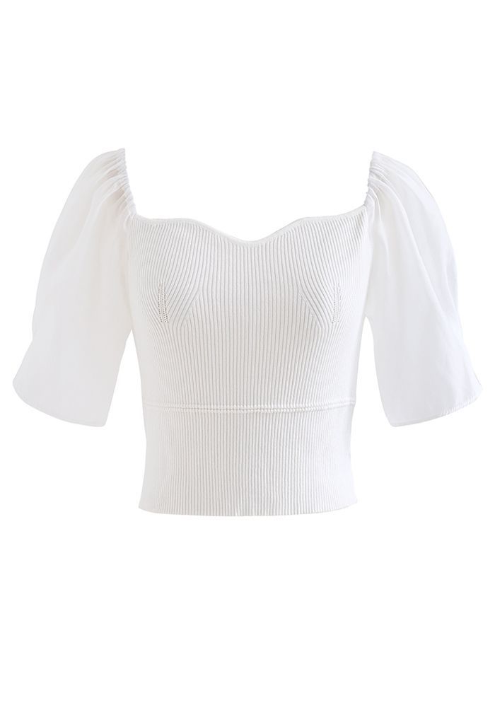 Sweetheart Neck Spliced Sleeve Crop Knit Top in White | Chicwish